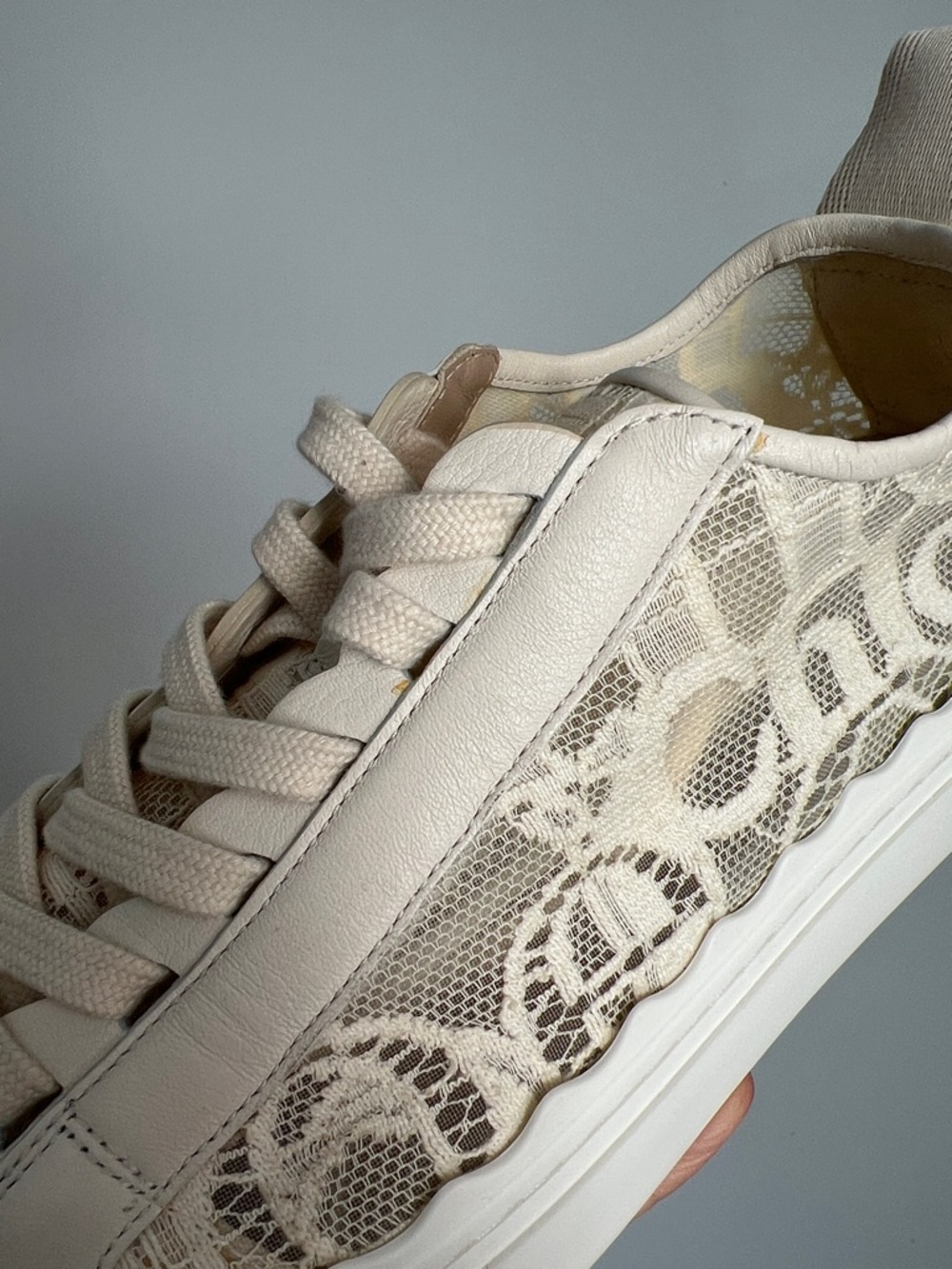Worn 1x CHLOE Lauren lace mesh sneaker in light beige ecru romantic round toe 40 - Picture 15 of 16